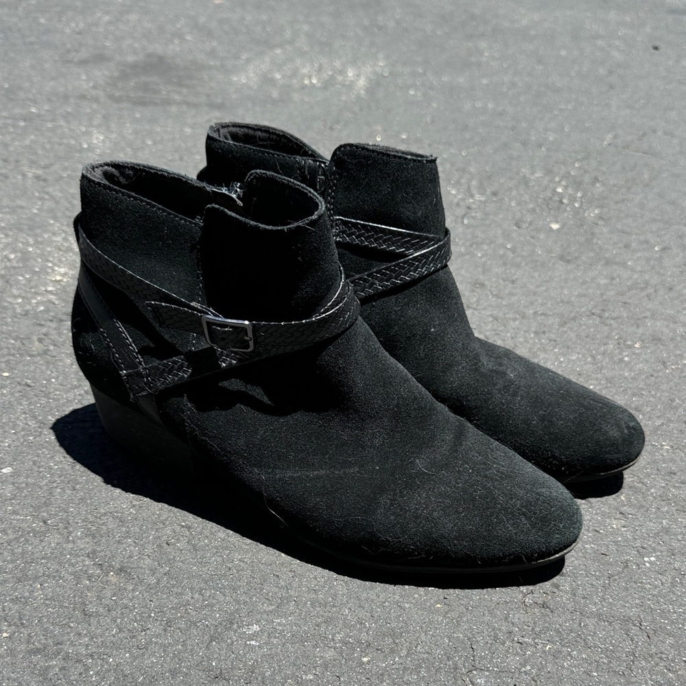 Clarks Black Suede Ankle Booties with Wrap Strap
